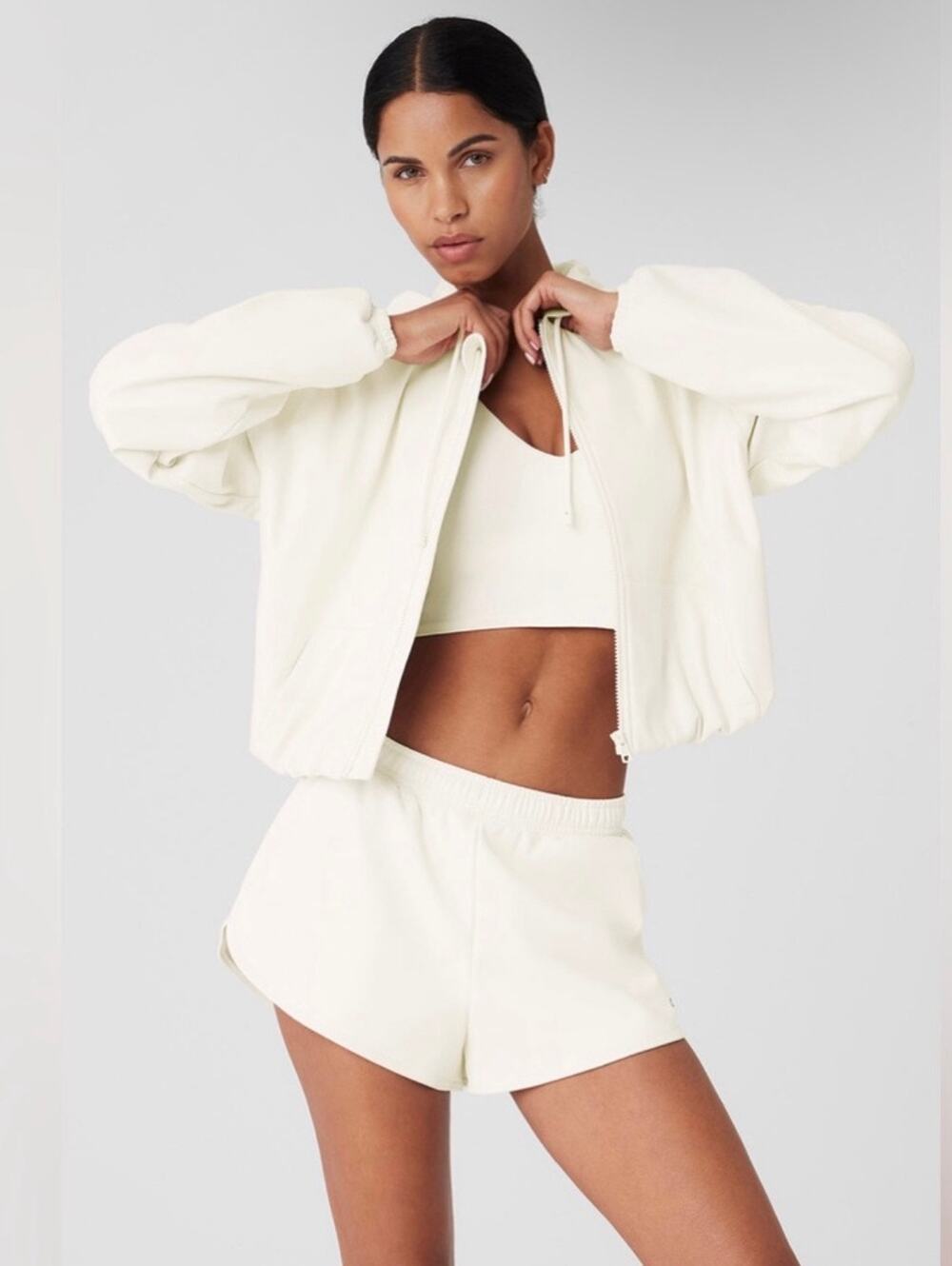 Alo Power Hour Cream Faux Leather Full Zip Hoodie XS